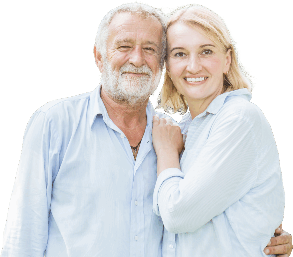 Smiling Senior Couple Posing Together in Light Blue Clothes